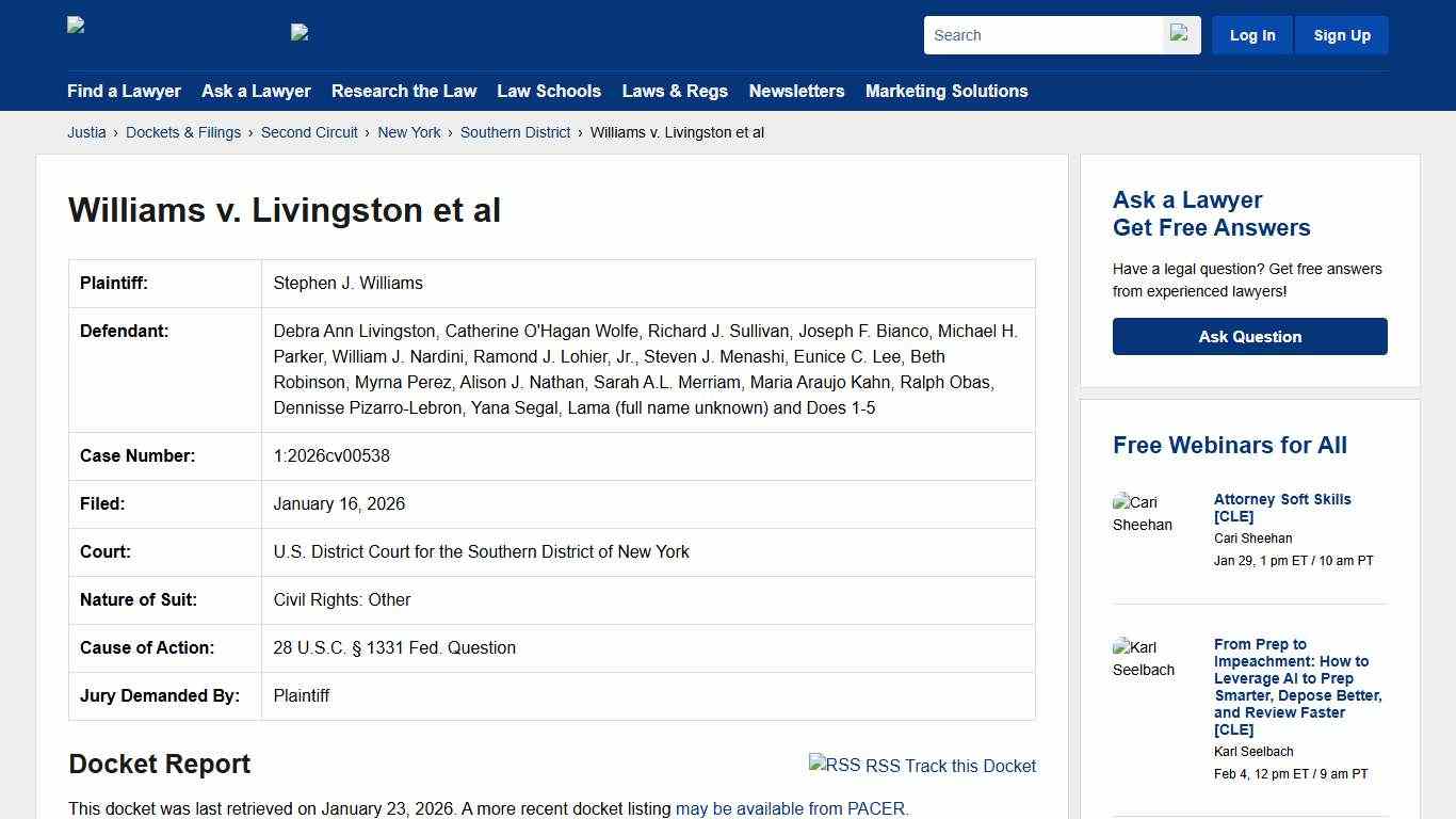 Williams v. Livingston et al 1:2026cv00538 U.S. District Court for the Southern District of New York Justia