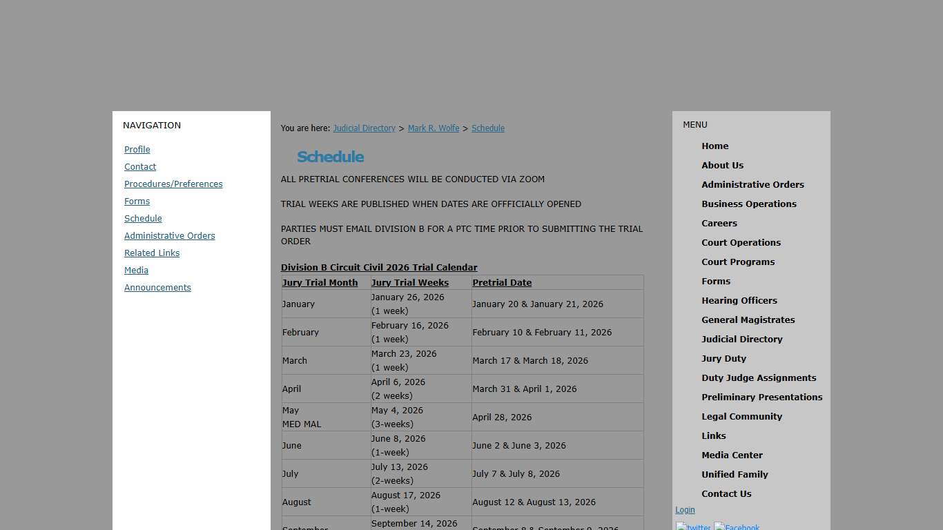 Thirteenth Judicial Circuit Administrative Office of the Courts > Judicial Directory > Mark R. Wolfe > Schedule